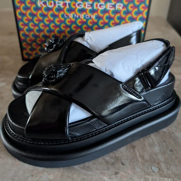 Kurt Geiger Landon Oroson Patent Cross Strap Platform Black Leather Sandal $240 - Picture 2 of 11